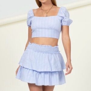 Light Blue Striped Ruffle Two Piece  Blouse and Mini Skirt Set Size Medium